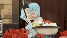 a girl with blue hair is holding a bottle that says reserva on it