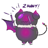 a cartoon drawing of a purple devil holding a flag and the word zanny