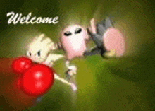 a couple of cartoon characters are standing next to each other with the words welcome written on the bottom .