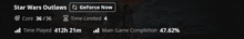 a screenshot of star wars outlaws showing the time played and the main game completion
