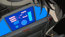 a man is looking at a screen that says ' i ' on it