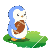 a cartoon penguin is holding a football in its beak