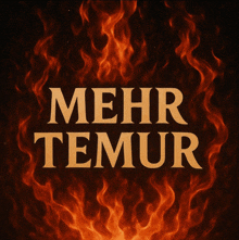 a sign that says mehr temur with flames in the background