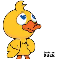 a cartoon of a yellow duck holding a blue gift box with the words happy decisive duck underneath it