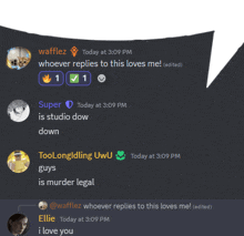 a discord conversation between wafflez and ellie with the latter saying i love you