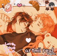 a couple of anime characters laying next to each other with a croissant in the air