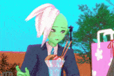 a green anime character with white hair is holding a bowl of food