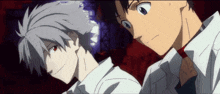 two anime characters are standing next to each other and one has a red tie