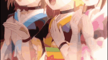 a group of anime girls are standing next to each other with their hands folded in prayer