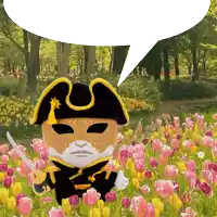 a cartoon character with a mask and a sword stands in a field of flowers