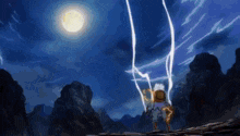 a person in a straw hat is standing in front of a full moon with lightning coming from it .