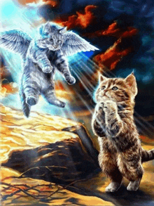 a painting of two cats one of which has wings on