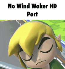 a cartoon character with the words " no wind waker hd port " above him