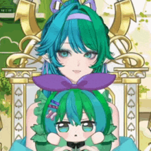 a girl with blue hair and green hair is sitting on a throne with hearts on it