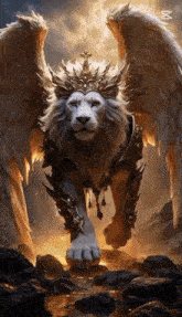a white lion with wings and a crown on its head