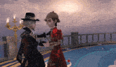 a man in a detective hat holds the hand of another man in a red dress