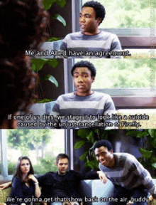 a group of people are sitting on a couch and one of them is talking to another