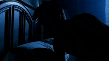 a person laying on a bed with a blue background