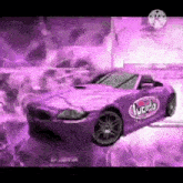 a purple sports car with liquida written on the side is driving on a purple background .