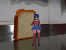 a girl standing next to a loaf of bread on a counter