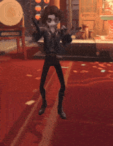 a cartoon character is standing on a red carpet in a room