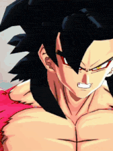 a close up of a cartoon character with a red shirt and black hair