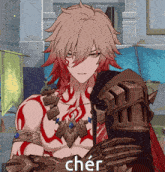 a character in a video game with the word cher on his chest