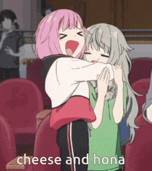 a couple of anime girls hugging each other with the words cheese and hona written on the bottom