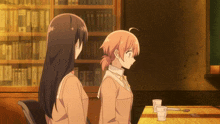 two anime girls are standing next to each other in front of a bookcase
