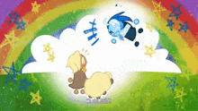 a cartoon drawing of a sheep and a cartoon character with a rainbow and stars