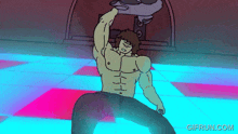 a cartoon of a shirtless man on a dance floor with the website gifrun.com in the lower right corner