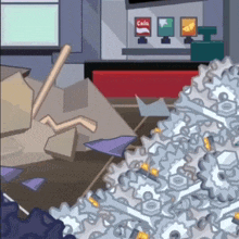 a cartoon scene with a sign that says cola in the background