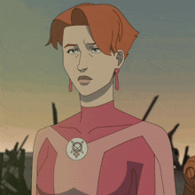 a woman with a female symbol on her chest is standing next to a robot