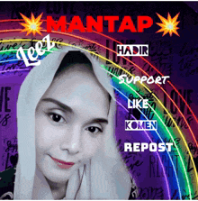 a picture of a woman with a rainbow behind her and the words mantap on the top