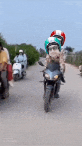 a man and a dog are riding a motorcycle with their faces on the helmets