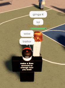 a screenshot of a video game where a character says make a free account to change how you look
