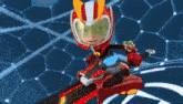 a cartoon character is holding a sword in his hand and wearing a helmet and goggles .