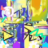 a colorful drawing with a triangle and a skull