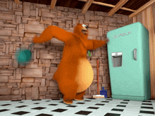 a cartoon bear is dancing in front of a refrigerator that says ' glacier ' on it