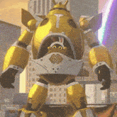 a yellow robot with a purple light coming out of it 's mouth