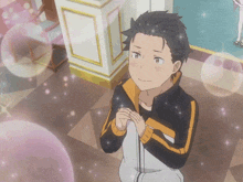 a man in a white and orange jacket is standing in a room with bubbles around him