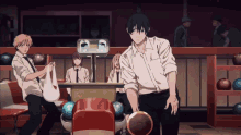 a group of anime characters are playing bowling