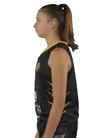 a female basketball player wears a black and yellow jersey with the number 14 on it