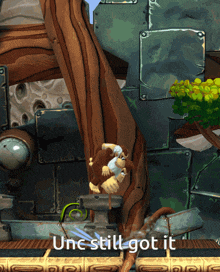 a monkey in a video game with the words " une still got it " on the bottom