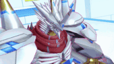 a robot with a red scarf around its neck has the letter e on its chest