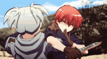 two anime characters are fighting each other with a knife in their hands