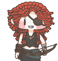 a cartoon drawing of a girl with red hair and an eye patch holding a bow and arrow