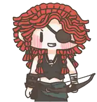 a cartoon drawing of a girl with red hair and an eye patch holding a bow and arrow