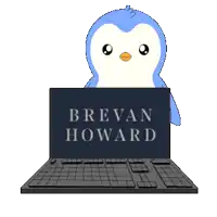 a penguin is sitting in front of a laptop with the name brevan howard on it