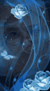 a man 's face is behind a blue curtain with roses and butterflies